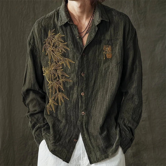Spretix Premium Olive Green Bamboo Embroidered Shirt for Men | Full Sleeve Casual Linen Blend Designer Shirt