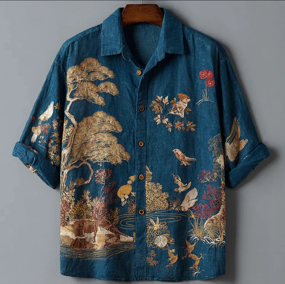 Spretix Premium Blue Japanese Garden & Bird Art Shirt for Men | Half Sleeve Casual Designer Linen Blend Shirt