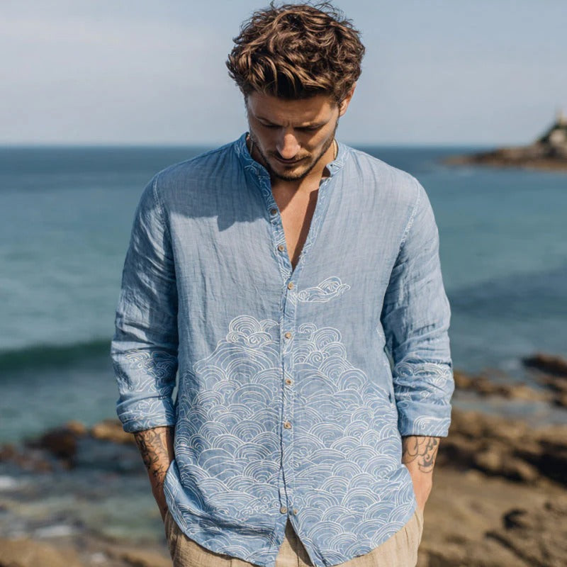 Spretix Premium Sky Blue Ocean Wave Embroidered Shirt for Men | Full Sleeve Mandarin Collar Casual Linen Blend Designer Shirt