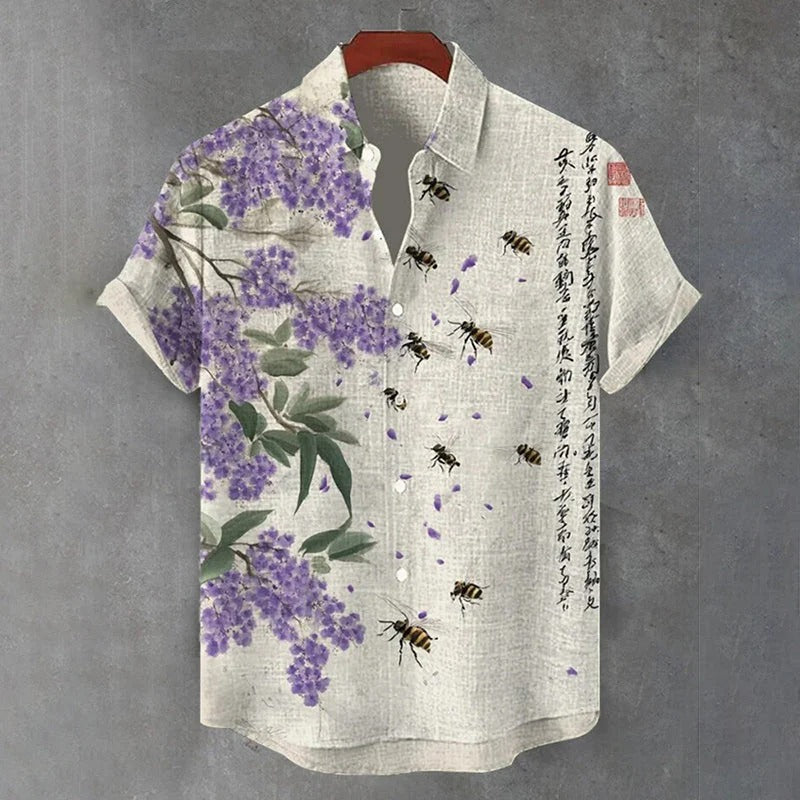 Spretix Premium Lavender Blossom & Honey Bee Art Shirt for Men | Half Sleeve Casual Linen Blend Designer Shirt