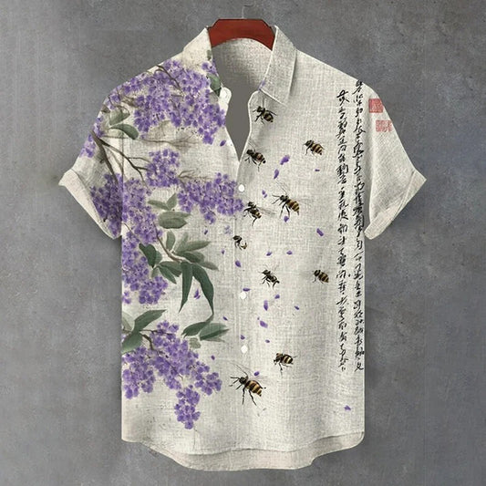 Spretix Premium Lavender Blossom & Honey Bee Art Shirt for Men | Half Sleeve Casual Linen Blend Designer Shirt