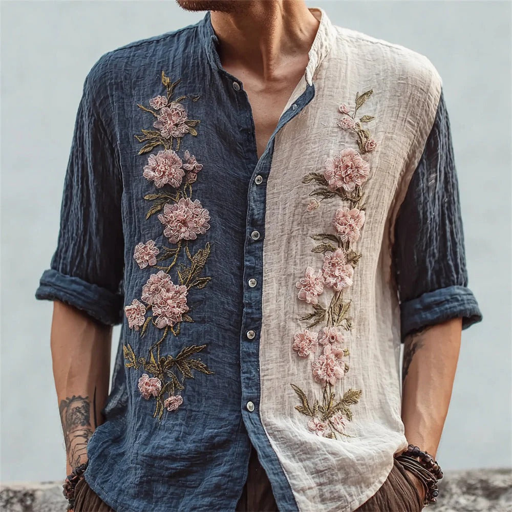 Spretix Premium Dual-Tone Floral Embroidered Shirt for Men | Full Sleeve Mandarin Collar Casual Linen Blend Shirt