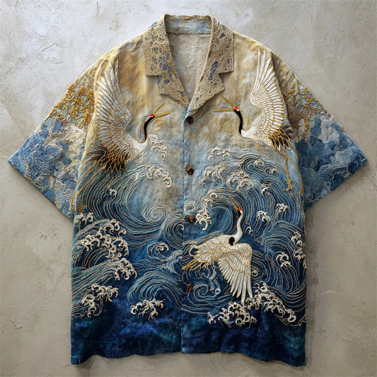 Spretix Premium Japanese Crane & Ocean Wave Art Shirt for Men | Half Sleeve Casual Linen Blend Designer Resort Shirt