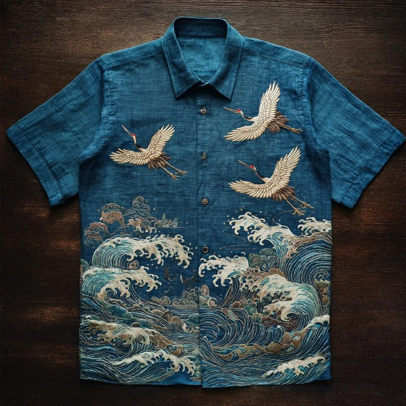 Spretix Premium Blue Japanese Crane & Ocean Wave Art Shirt for Men | Half Sleeve Casual Linen Blend Designer Resort Shirt