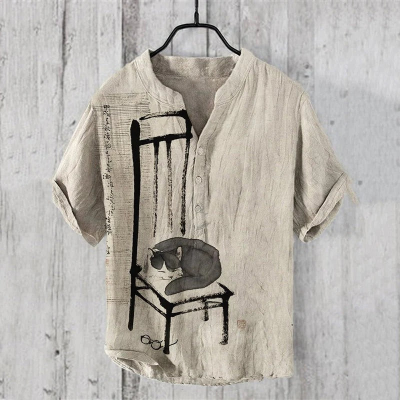 Spretix Premium Beige Zen Cat Art Shirt for Men | Half Sleeve Linen Blend Japanese Style Casual Designer Shirt