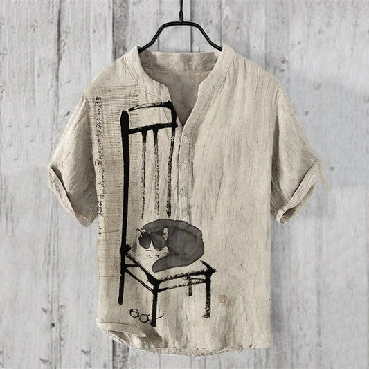 Spretix Premium Beige Zen Cat Art Shirt for Men | Half Sleeve Linen Blend Japanese Style Casual Designer Shirt