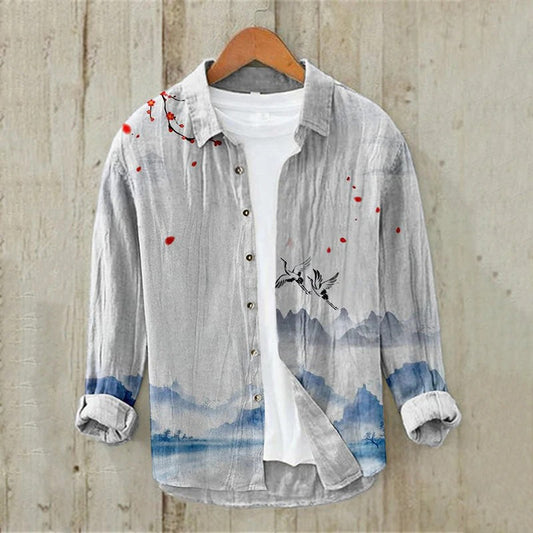 Spretix Premium White Japanese Landscape Crane Print Shirt for Men | Full Sleeve Casual Linen Blend Designer Shirt