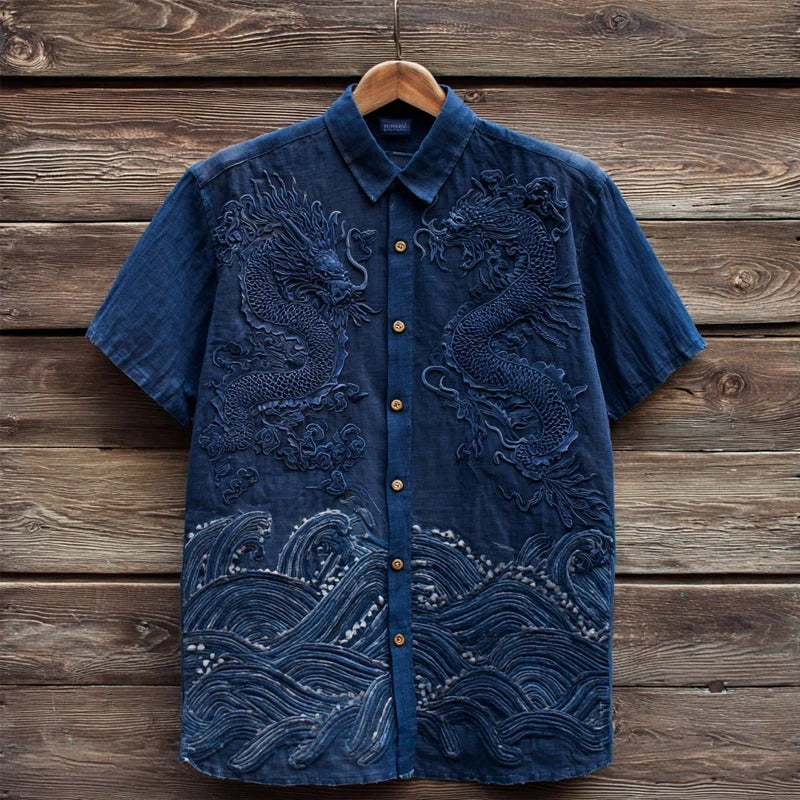 Spretix Premium Navy Blue Dragon & Ocean Wave Embroidered Shirt for Men | Half Sleeve Casual Linen Blend Designer Shirt