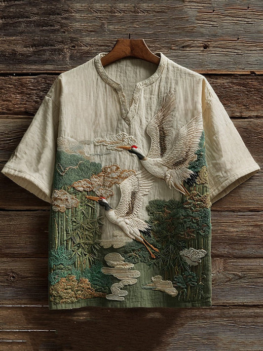 Spretix Premium Japanese Crane Landscape Embroidered T-Shirt for Men | Half Sleeve Mandarin Collar Casual Linen Blend Designer Tee