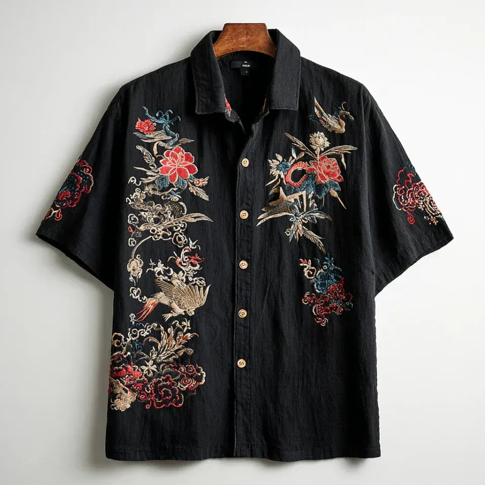 Spretix Premium Black Floral Embroidered Shirt for Men | Half Sleeve Casual Linen Blend Designer Resort Shirt