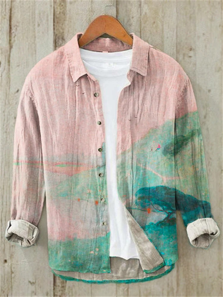 Spretix Premium Pink Landscape Art Shirt for Men | Full Sleeve Casual Linen Blend Designer Shirt