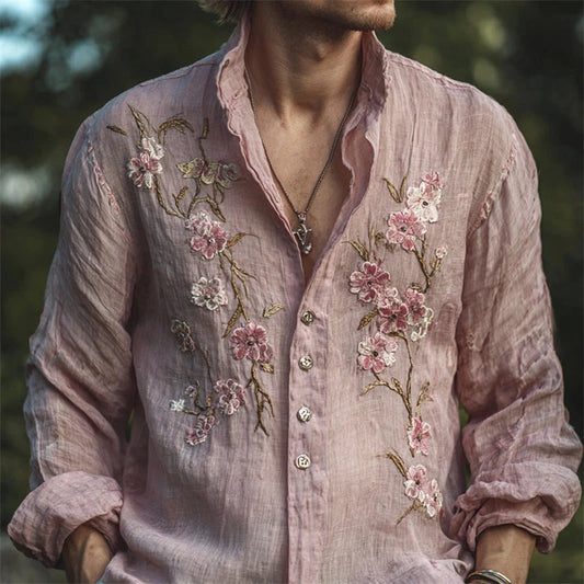 Spretix Premium Pink Floral Embroidered Shirt for Men | Full Sleeve Mandarin Collar Casual Linen Blend Designer Shirt