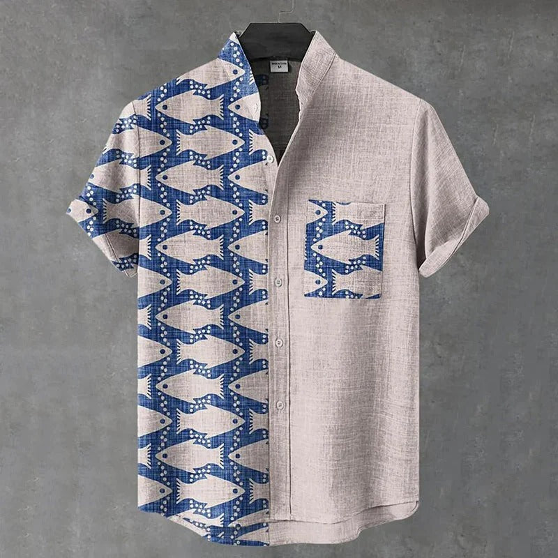 Spretix Premium Blue Fish Print Mandarin Collar Shirt for Men | Half Sleeve Casual Linen Blend Designer Shirt