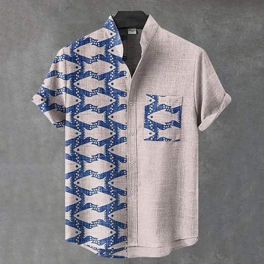 Spretix Premium Blue Fish Print Mandarin Collar Shirt for Men | Half Sleeve Casual Linen Blend Designer Shirt