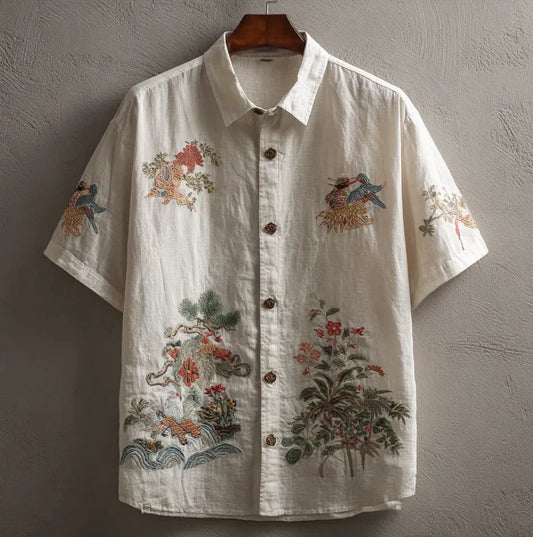 Spretix Premium White Embroidered Tropical Art Shirt for Men | Half Sleeve Button-Down Casual Summer Shirt