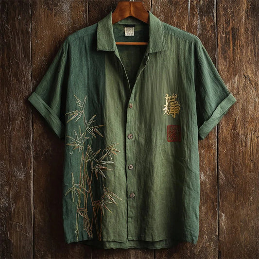 Spretix Premium Olive Green Bamboo Embroidered Shirt for Men | Half Sleeve Linen Blend Japanese Style Casual Designer Shirt