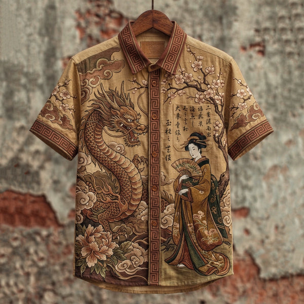 Spretix Premium Japanese Dragon & Geisha Art Casual Half Sleeve Shirt for Men