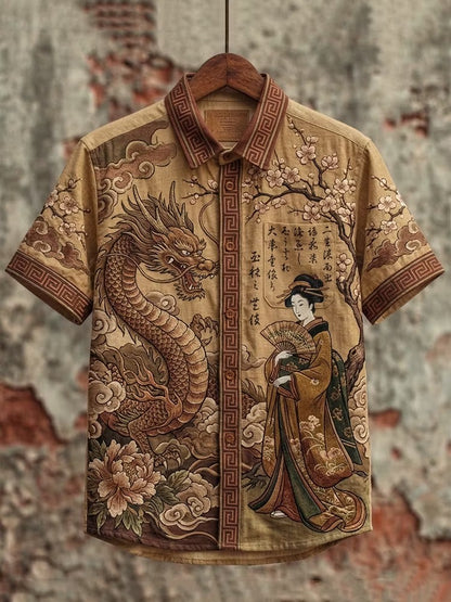 Spretix Premium Japanese Dragon & Geisha Art Casual Half Sleeve Shirt for Men