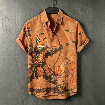 Spretix Premium Men's Samurai Fox Archer Graphic Cotton Linen Half Sleeve Casual Shirt
