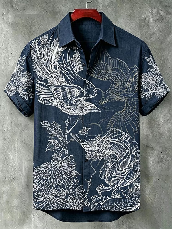 Spretix Premium Japanese Phoenix & Dragon Art Casual Half Sleeve Shirt for Men