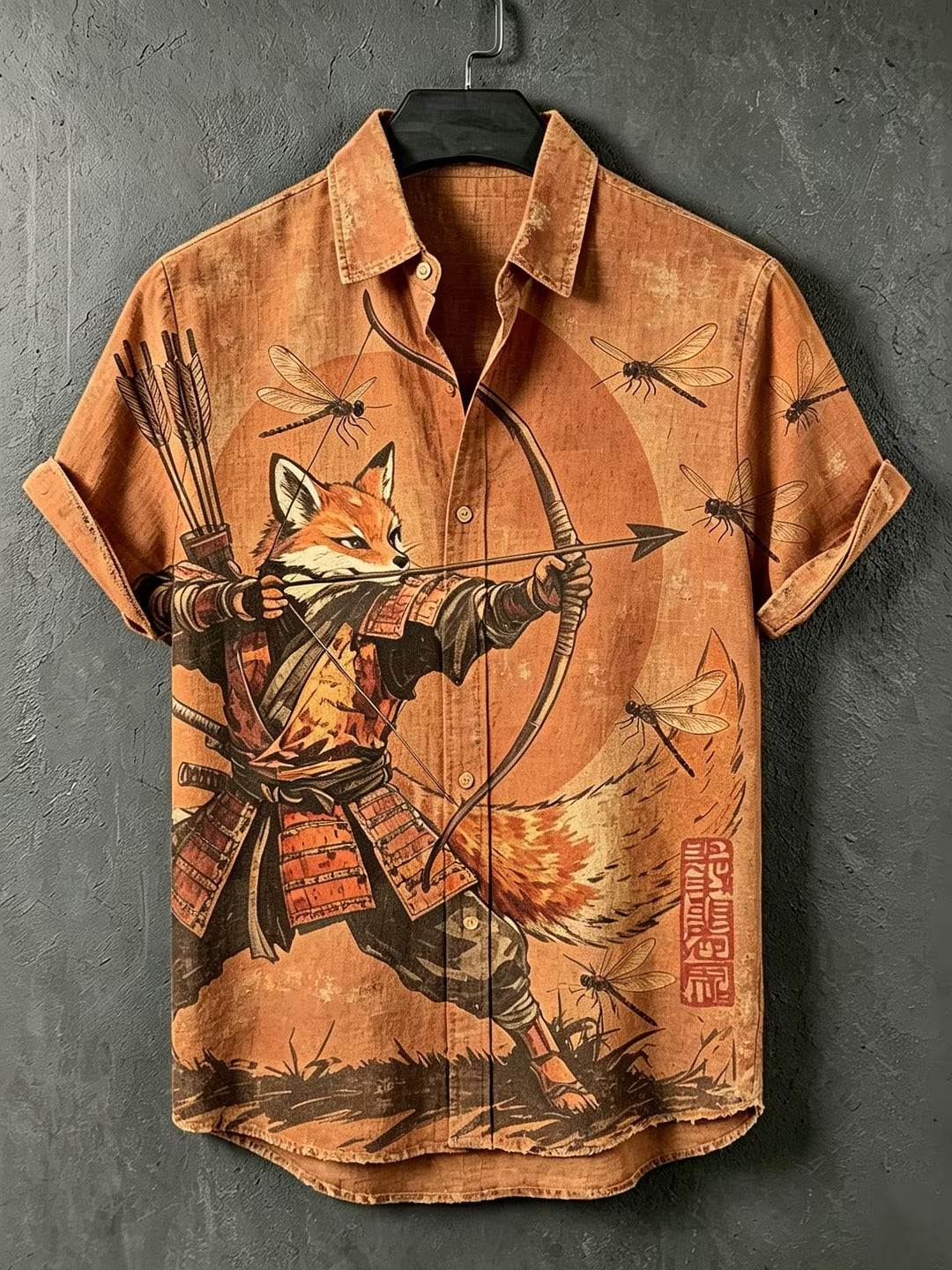Spretix Premium Men's Samurai Fox Archer Graphic Cotton Linen Half Sleeve Casual Shirt