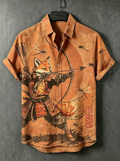 Spretix Premium Men's Samurai Fox Archer Graphic Cotton Linen Half Sleeve Casual Shirt