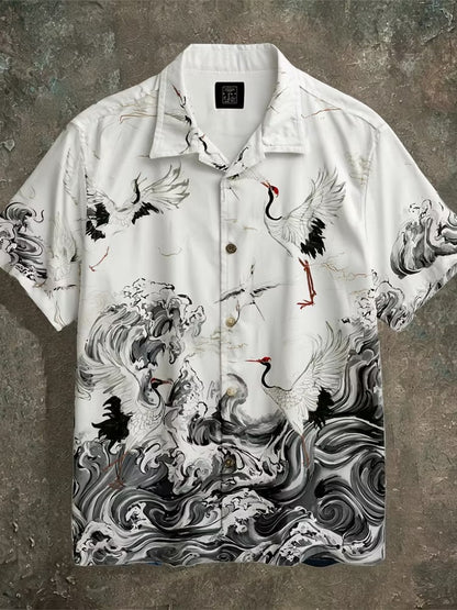 Spretix Premium Japanese Crane Wave Art Casual Half Sleeve Shirt for Men