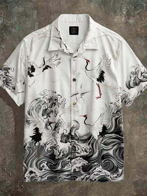 Spretix Premium Japanese Crane Wave Art Casual Half Sleeve Shirt for Men