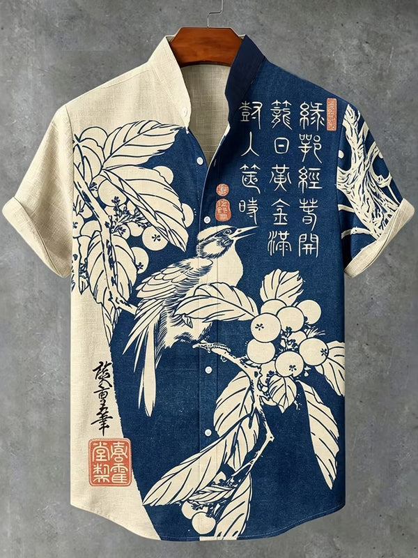Spretix Premium Japanese Bird & Botanical Art Casual Half Sleeve Shirt for Men