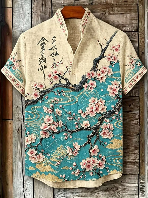 Spretix Premium Japanese Sakura Blossom Mandarin Collar Half Sleeve Shirt for Men