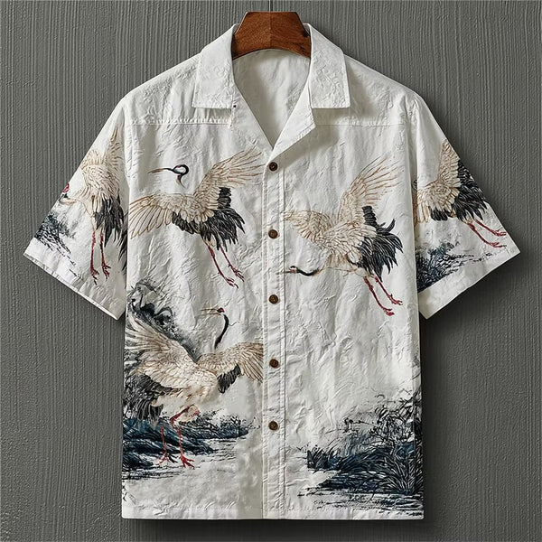 Spretix Premium Japanese Crane Art Printed Half Sleeve Casual Shirt for Men