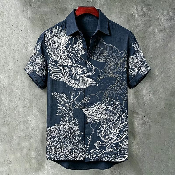 Spretix Premium Japanese Phoenix & Dragon Art Casual Half Sleeve Shirt for Men