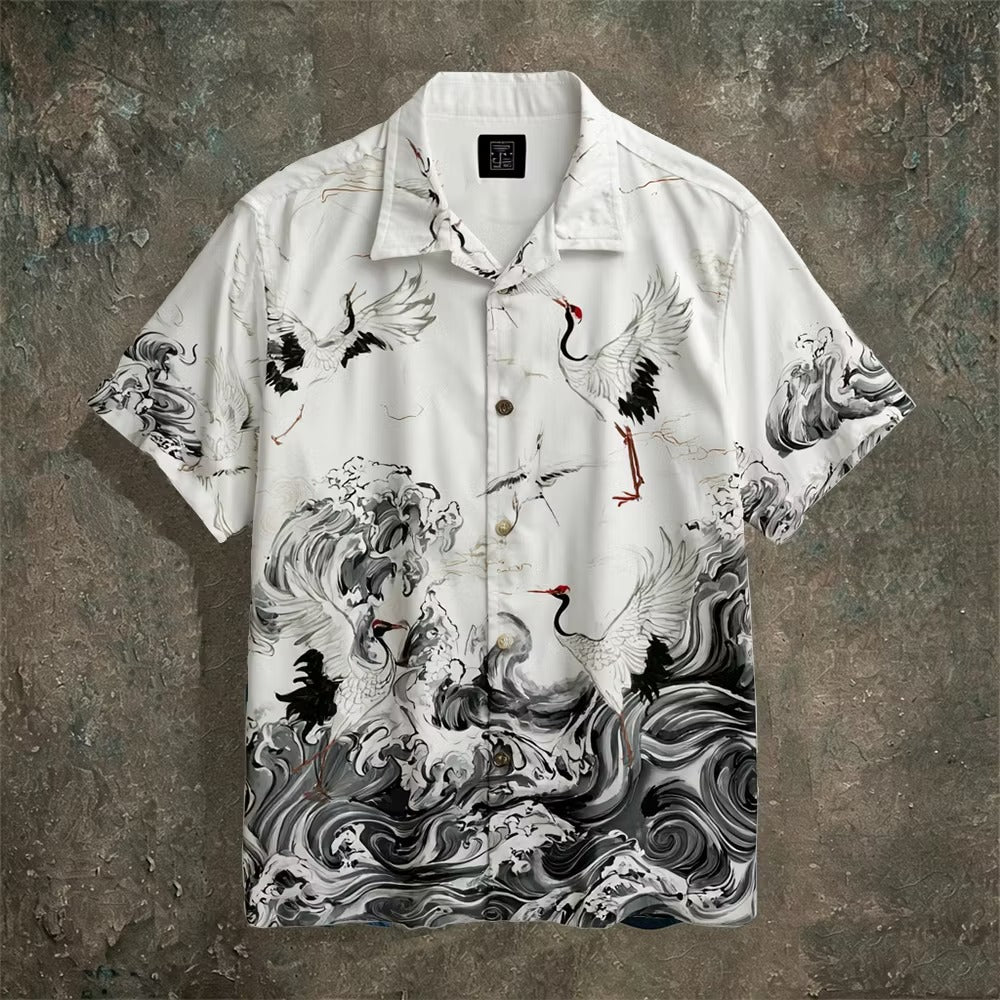 Spretix Premium Japanese Crane Wave Art Casual Half Sleeve Shirt for Men