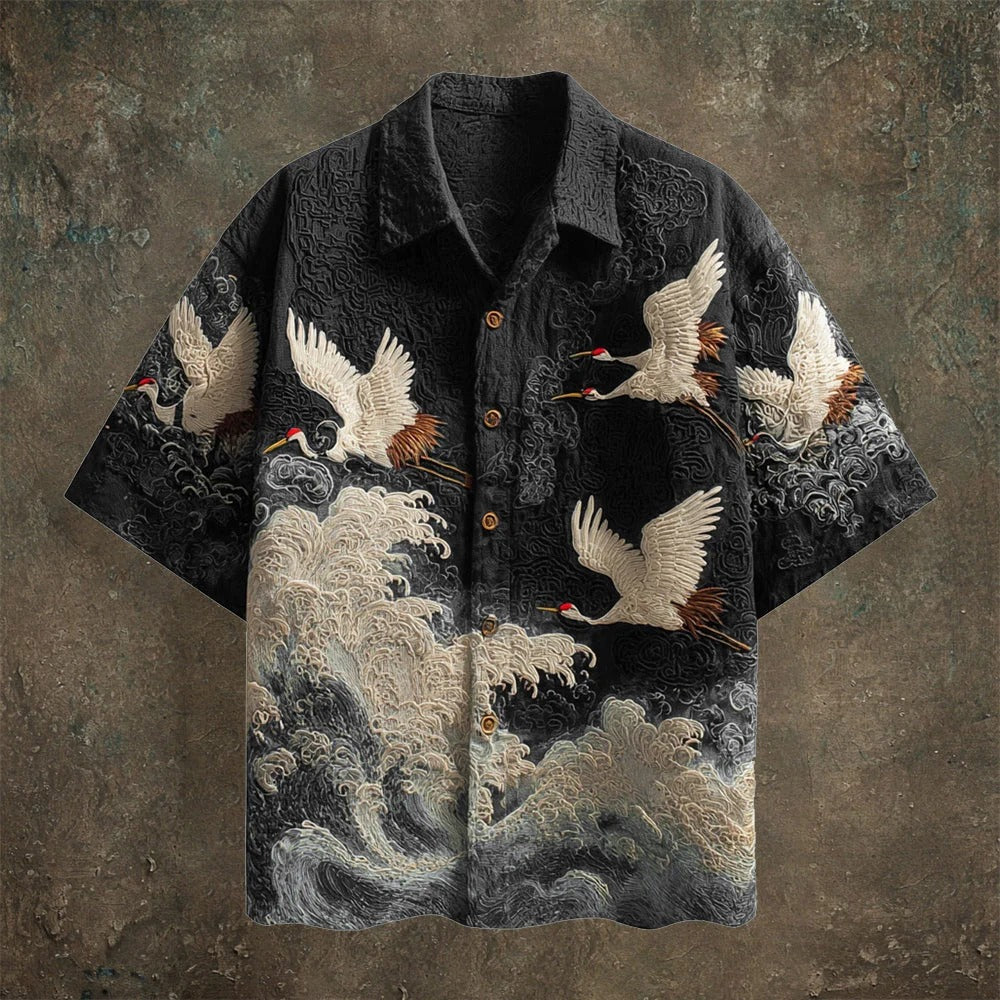Spretix Premium Black Japanese Crane & Ocean Wave Art Shirt for Men | Half Sleeve Casual Designer Button-Down Shirt
