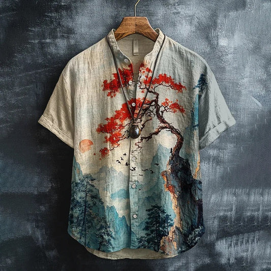Spretix Premium Japanese Landscape Art Print Shirt for Men | Half Sleeve Mandarin Collar Casual Linen Blend Shirt