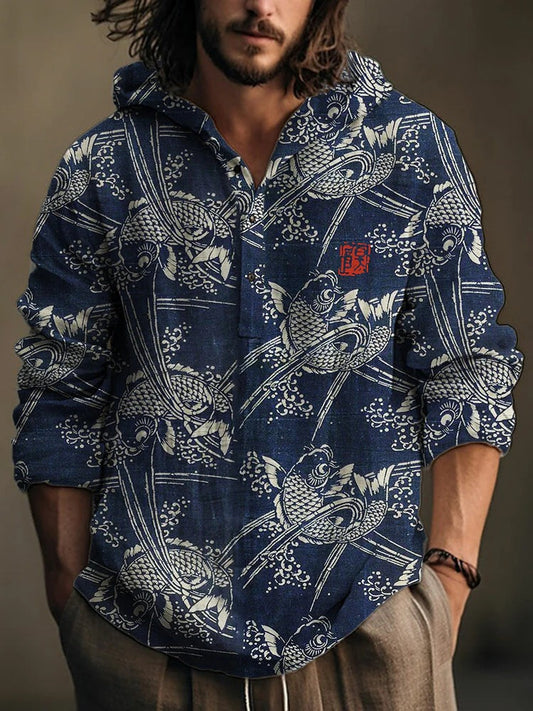 Spretix Premium Navy Blue Koi Fish Print Hoodie Shirt for Men | Full Sleeve Casual Designer Hooded Shirt