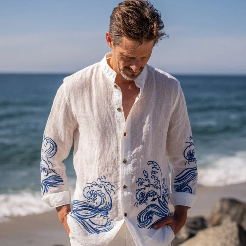 Spretix Premium White Ocean Wave Embroidered Shirt for Men | Full Sleeve Mandarin Collar Casual Linen Blend Beach Shirt